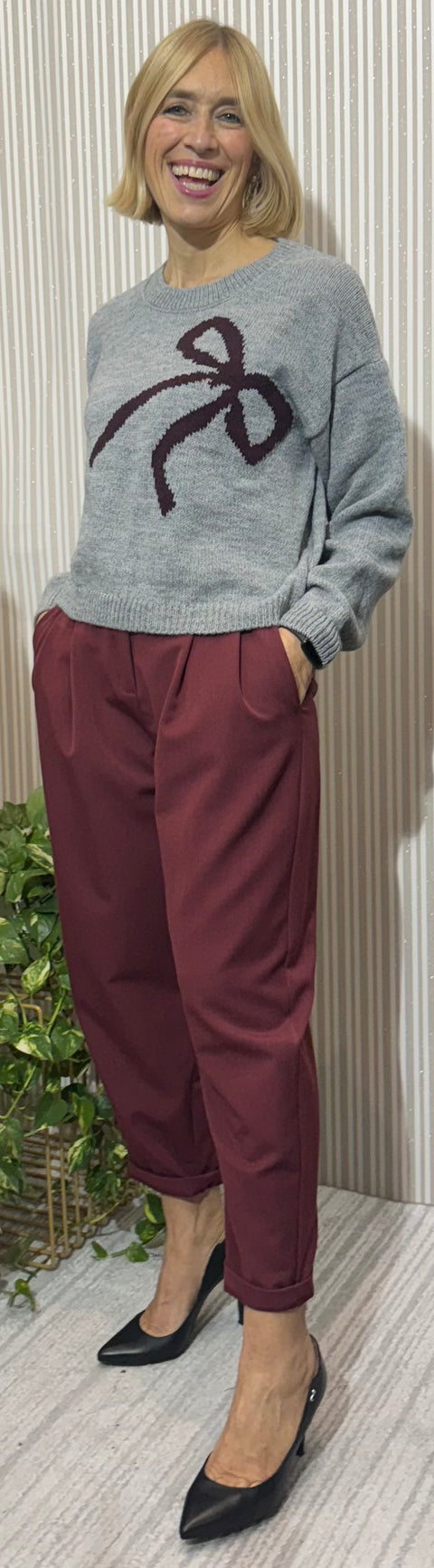 Maglione Fiocco Grigio-Bordeaux