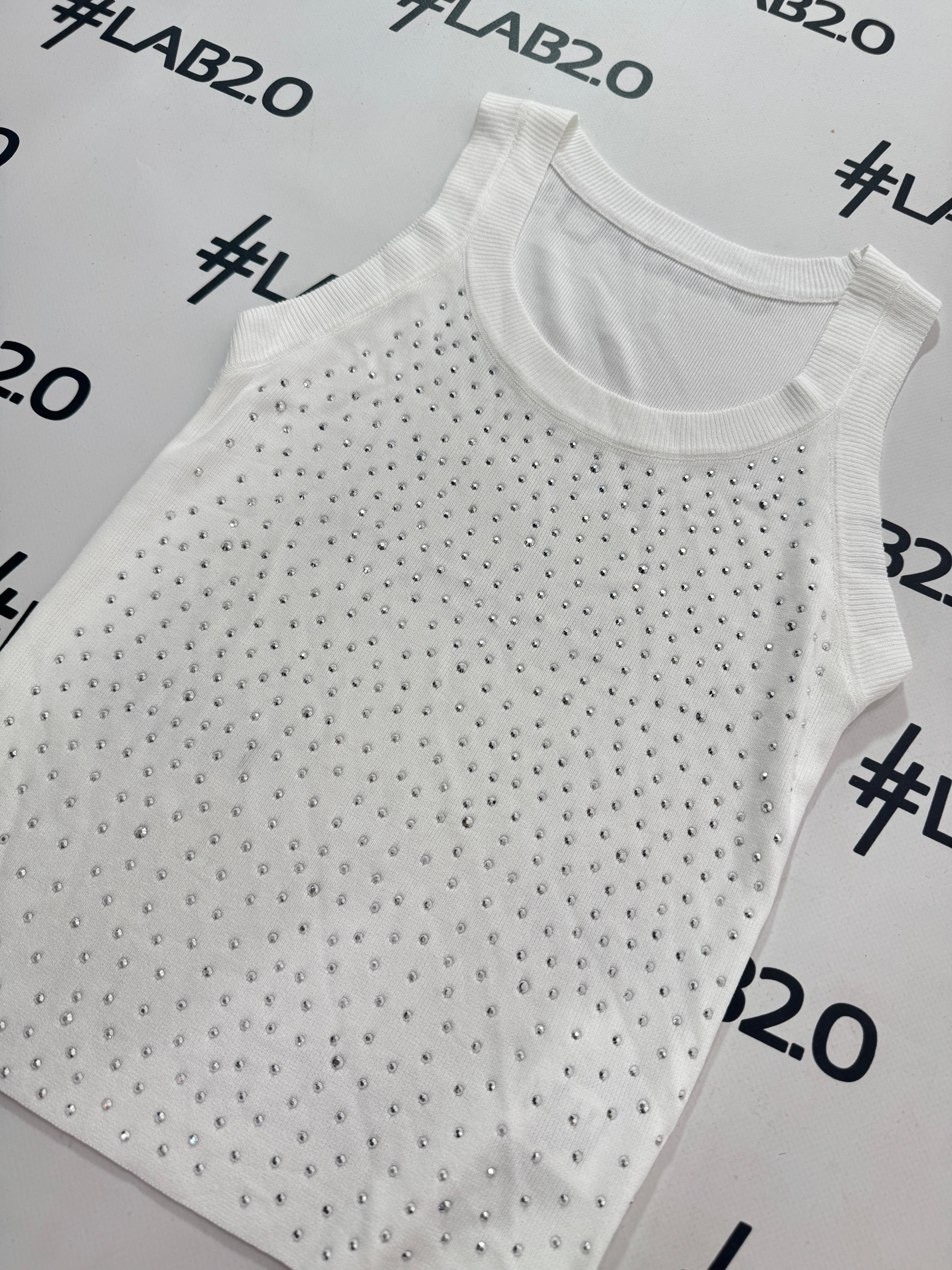 Guru-Shop Canottiera Donna Con Stampa Etnica - Scollo A U, Colore Crema Elfo, Tessuto Sintetico, Taglia 38